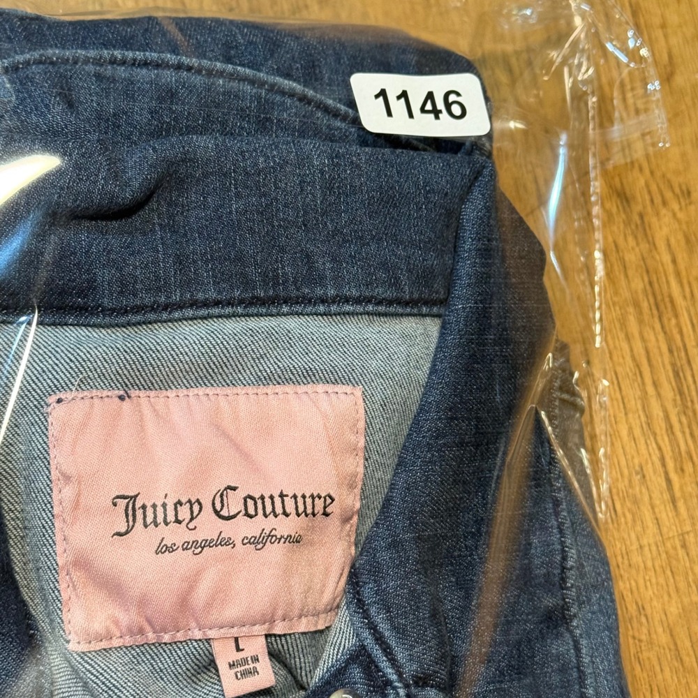 Juicy Couture Y2K Cropped Dark Wash Denim Blue Jean Jacket Women‎ Size L - Picture 11 of 12